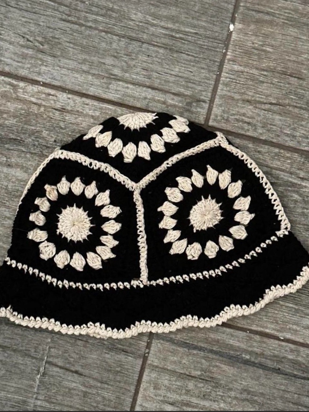 SHEIN Black and Cream Crochet Bucket Hat
